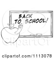 Poster, Art Print Of Clipart Black And White Happy Worm In An Apple By A Back To School Chalkboard- Royalty Free Vector Illustration