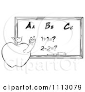 Poster, Art Print Of Clipart Black And White Happy Worm In An Apple By A Math Chalkboard- Royalty Free Vector Illustration