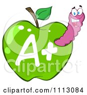 Poster, Art Print Of Happy Purple Worm In A Green A Plus Apple