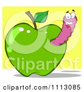 Poster, Art Print Of Happy Purple Worm In A Green Apple Over Yellow