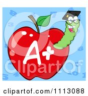 Poster, Art Print Of Happy Graduate Worm In A Red A Plus Apple Over Blue