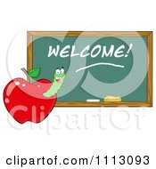 Poster, Art Print Of Clipart Happy Worm In A Red Apple With A Welcome Chalk Board- Royalty Free Vector Illustration