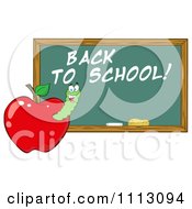 Poster, Art Print Of Clipart Happy Worm In A Red Apple With A Back To School Chalk Board- Royalty Free Vector Illustration