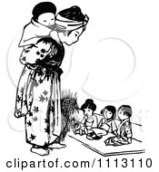Clipart Vintage Black And White Asian Girl And Tiny Children Royalty Free Vector Illustration
