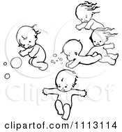 Clipart Vintage Black And White Swimming Babies Royalty Free Vector Illustration