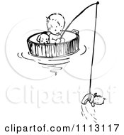 Poster, Art Print Of Vintage Black And White Baby Floating And Fishing In A Barrel