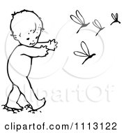 Clipart Vintage Black And White Baby Chasing Dragonflies Royalty Free Vector Illustration