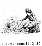 Clipart Vintage Black And White Girl Reaching Out To A Jumping Cat Royalty Free Vector Illustration