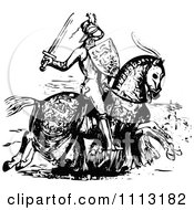Clipart Vintage Black And White Medieval Knight On Horseback 2 Royalty Free Vector Illustration