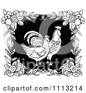 Poster, Art Print Of Two Retro Black And White Roosters In A Floral Frame