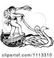 Poster, Art Print Of Vintage Black And White Cherub Riding On A Swan Boat