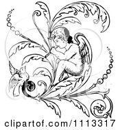 Poster, Art Print Of Vintage Black And White Cherub Playing A Flute On A Flourish With A Bird
