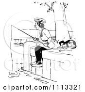Clipart Vintage Black And White Cat Resting By A Man Fishing Royalty Free Vector Illustration