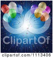 Poster, Art Print Of 3d Party Balloons And Confetti Over A Blue Burst Of Rays