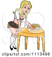 Clipart Sexy Blond Breastaurant Waitress In A Skirt Setting Beer And Fries On A Table Royalty Free Vector Illustration by LaffToon