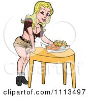 Poster, Art Print Of Sexy Blond Breastaurant Waitress Setting Beer And Fries On A Table