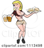 Clipart Winking Flirty Blond Breastaurant Waitress In Shorts Carrying Beer And Fries Royalty Free Vector Illustration
