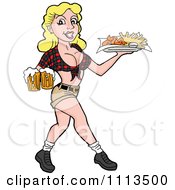Clipart Sexy Blond Breastaurant Waitress In Shorts Carrying Beer And Fries Royalty Free Vector Illustration by LaffToon