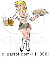 Clipart Winking Flirty Blond Breastaurant Waitress In A Skirt Carrying Beer And Fries Royalty Free Vector Illustration by LaffToon