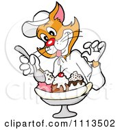 Clipart Ginger Cat Eating A Banana Split Royalty Free Vector Illustration by LaffToon