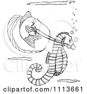 Clipart Vintage Black And White Fish Riding A Seahorse Royalty Free Vector Illustration by Prawny Vintage