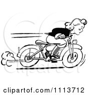Clipart Retro Black And White Woman Racing A Motorcycle Royalty Free Vector Illustration