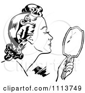 Poster, Art Print Of Retro Black And White Woman Using A Hand Mirror