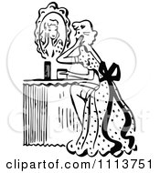 Clipart Retro Black And White Woman Looking At A Mirror At Her Vanity Table Royalty Free Vector Illustration