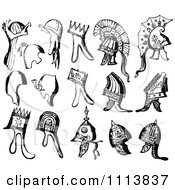 Clipart Vintage Black And White Ancient Armour Helmets Royalty Free Vector Illustration