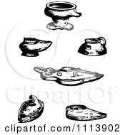 Clipart Vintage Black And White Ancient Assyrian Oil Lamps Royalty Free Vector Illustration