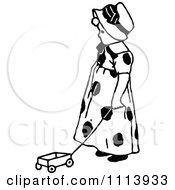 Clipart Vintage Black And White Girl Playing With A Toy Wagon Royalty Free Vector Illustration