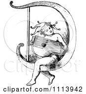 Clipart Vintage Black And White Jester Playing An Instrument On The Letter D Royalty Free Vector Illustration