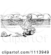 Poster, Art Print Of Vintage Black And White Girl With A Snail And Buckets On A Beach