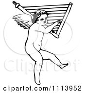 Clipart Vintage Black And White Cherub Carrying A Harp Royalty Free Vector Illustration