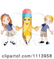 Poster, Art Print Of Happy Pencil Holding Hands With A School Boy And Girl