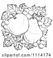 Clipart Black And White Apple And Pear On A Bed Of Grapes And Leaves Royalty Free Vector Illustration