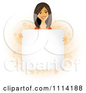 Happy Asian Woman Holding A Sign In Front Of Her Torso