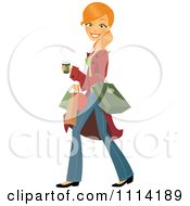 Poster, Art Print Of Happy Blond Woman Carrying A Coffee And Shopping Bags