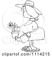 Outlined Woman Holding A Potted Flower And Watering Can