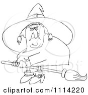 Clipart Outlined Mean Ugly Witch Flying On A Broom Royalty Free Vector Illustration