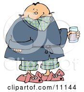 Poster, Art Print Of Ill Man In Pjs Slippers And A Robe Taking Cold Medicine While Staying Home On A Sick Day