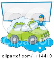 Clipart Man Washing A Green Car Under A Sign Royalty Free Vector Illustration