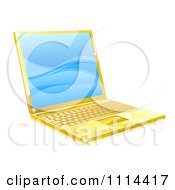 Poster, Art Print Of 3d Golden Laptop With Blue Waves On The Screen