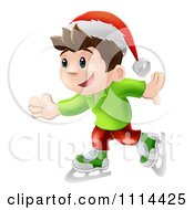 Poster, Art Print Of Happy Christmas Elf Boy Ice Skating And Wearing A Santa Hat