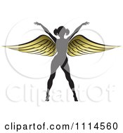Clipart Silhouetted Woman With Golden Wings 3 Royalty Free Vector Illustration