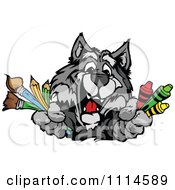 Happy Gray Wolf Mascot Holding Art Supplies