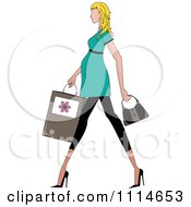 Slender Blond Pregnant Woman Walking With A Shopping Bag And Purse