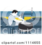 Clipart Mechanic Working On A Tire In A Car Garage Royalty Free Vector Illustration by David Rey