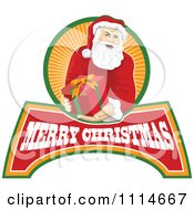 Clipart Santa Holding Out A Present Over Merry Christmas Text And Orange Rays Royalty Free Vector Illustration