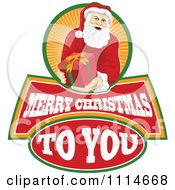 Poster, Art Print Of Santa Holding Out A Present Over Merry Christmas To You Text And Orange Rays